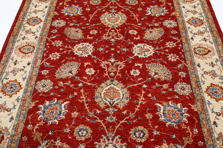 Traditional Hand Knotted Ziegler Farhan Wool Rug of Size 5'7'' X 8'0'' in Red and Ivory Colors - Made in Afghanistan