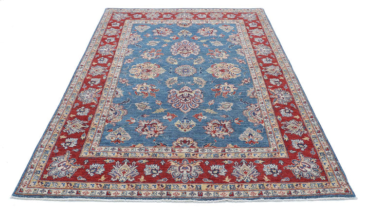 Traditional Hand Knotted Ziegler Farhan Wool Rug of Size 5'4'' X 7'9'' in Blue and Red Colors - Made in Afghanistan