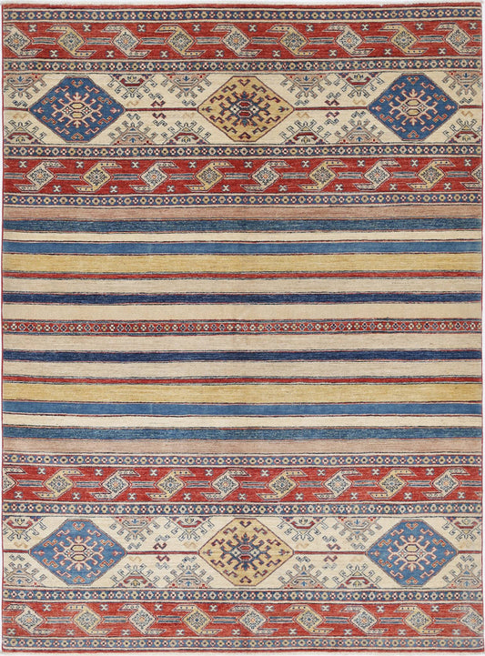 Traditional Hand Knotted Khurjeen Farhan Wool Rug of Size 5'6'' X 7'7'' in Multi and Multi Colors - Made in Afghanistan