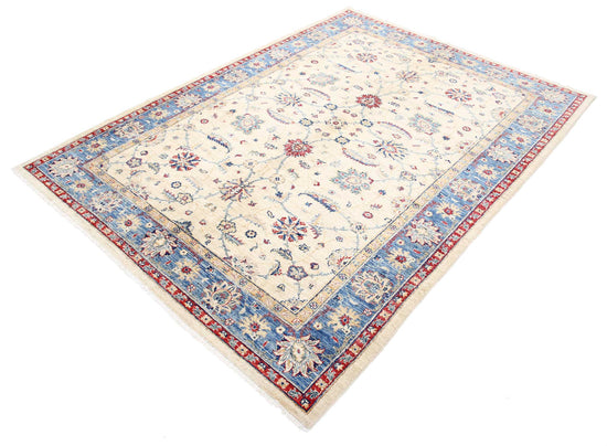 Traditional Hand Knotted Ziegler Farhan Wool Rug of Size 5'6'' X 7'6'' in Ivory and Blue Colors - Made in Afghanistan