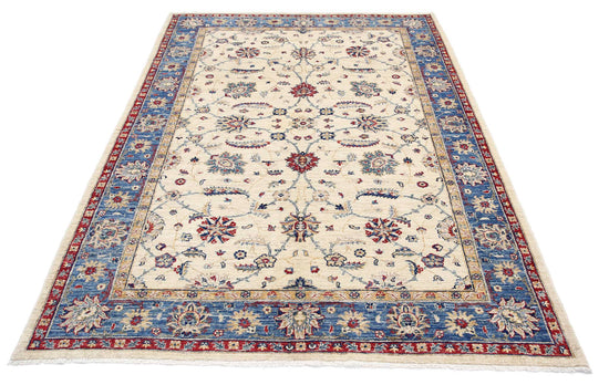 Traditional Hand Knotted Ziegler Farhan Wool Rug of Size 5'6'' X 7'6'' in Ivory and Blue Colors - Made in Afghanistan