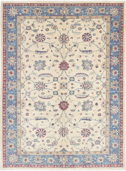 Traditional Hand Knotted Ziegler Farhan Wool Rug of Size 5'6'' X 7'6'' in Ivory and Blue Colors - Made in Afghanistan