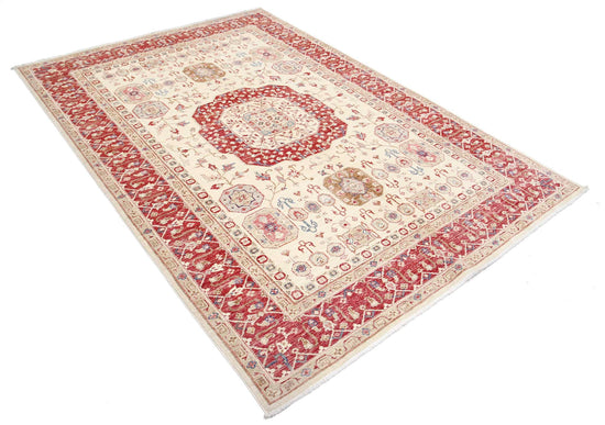 Traditional Hand Knotted Ziegler Farhan Wool Rug of Size 5'7'' X 8'0'' in Ivory and Red Colors - Made in Afghanistan