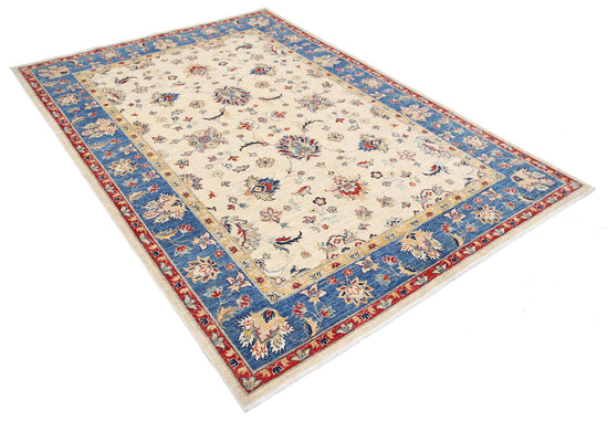 Traditional Hand Knotted Ziegler Farhan Wool Rug of Size 5'8'' X 7'9'' in Ivory and Blue Colors - Made in Afghanistan