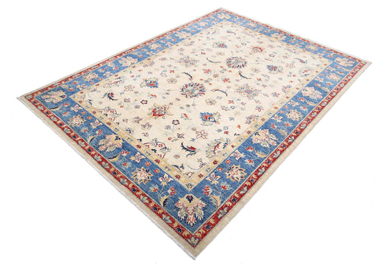 Traditional Hand Knotted Ziegler Farhan Wool Rug of Size 5'8'' X 7'9'' in Ivory and Blue Colors - Made in Afghanistan