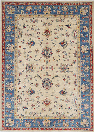 Traditional Hand Knotted Ziegler Farhan Wool Rug of Size 5'8'' X 7'9'' in Ivory and Blue Colors - Made in Afghanistan