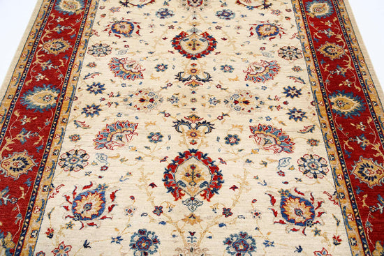 Traditional Hand Knotted Ziegler Farhan Wool Rug of Size 5'8'' X 8'0'' in Ivory and Red Colors - Made in Afghanistan