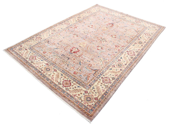 Traditional Hand Knotted Ziegler Farhan Wool Rug of Size 5'7'' X 7'10'' in Grey and Ivory Colors - Made in Afghanistan