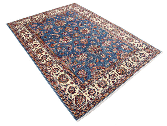 Traditional Hand Knotted Ziegler Farhan Wool Rug of Size 5'5'' X 7'7'' in Blue and Ivory Colors - Made in Afghanistan