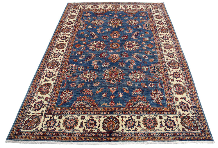 Traditional Hand Knotted Ziegler Farhan Wool Rug of Size 5'5'' X 7'7'' in Blue and Ivory Colors - Made in Afghanistan