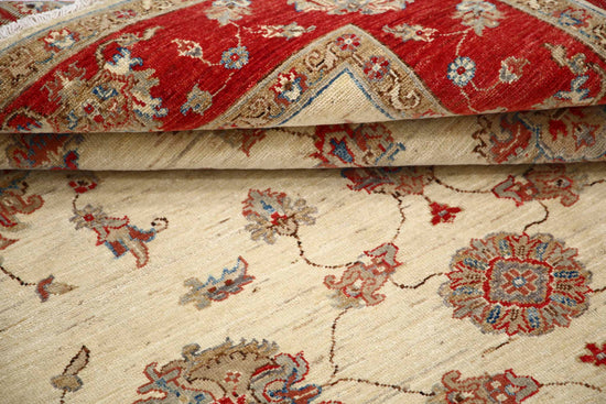 Traditional Hand Knotted Ziegler Farhan Wool Rug of Size 5'8'' X 8'0'' in Ivory and Red Colors - Made in Afghanistan