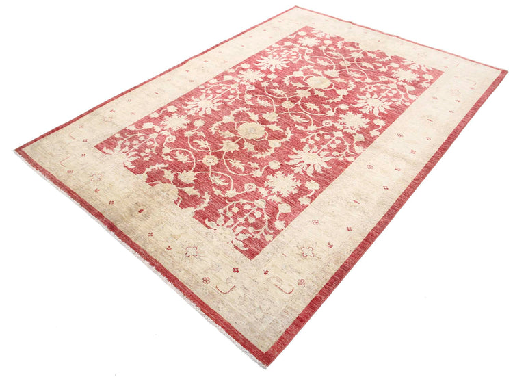 Traditional Hand Knotted Ziegler Farhan Wool Rug of Size 5'8'' X 7'10'' in Red and Ivory Colors - Made in Afghanistan