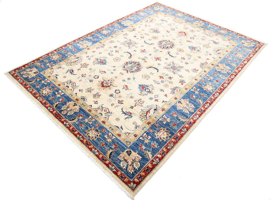 Traditional Hand Knotted Ziegler Farhan Wool Rug of Size 5'8'' X 7'8'' in Ivory and Blue Colors - Made in Afghanistan