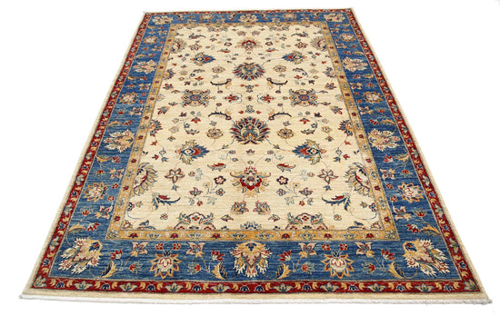Traditional Hand Knotted Ziegler Farhan Wool Rug of Size 5'8'' X 7'8'' in Ivory and Blue Colors - Made in Afghanistan