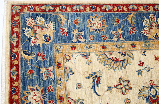 Traditional Hand Knotted Ziegler Farhan Wool Rug of Size 5'8'' X 7'8'' in Ivory and Blue Colors - Made in Afghanistan