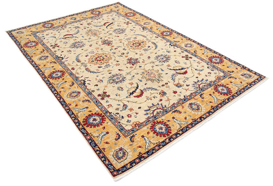 Traditional Hand Knotted Ziegler Farhan Wool Rug of Size 5'7'' X 7'1'' in Ivory and Gold Colors - Made in Afghanistan