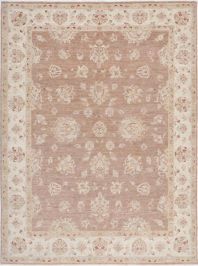 Traditional Hand Knotted Ziegler Farhan Wool Rug of Size 6'3'' X 8'3'' in Brown and Ivory Colors - Made in Afghanistan