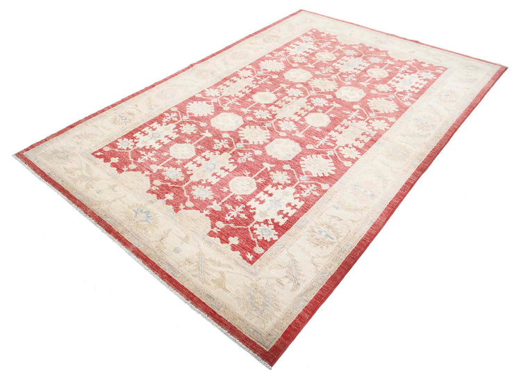 Traditional Hand Knotted Ziegler Farhan Wool Rug of Size 5'7'' X 8'5'' in Red and Ivory Colors - Made in Afghanistan