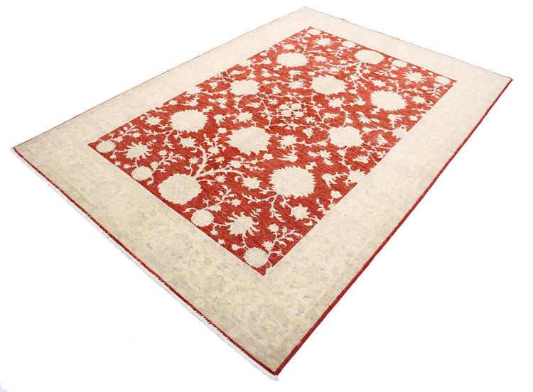 Traditional Hand Knotted Ziegler Farhan Wool Rug of Size 5'7'' X 7'9'' in Red and Ivory Colors - Made in Afghanistan