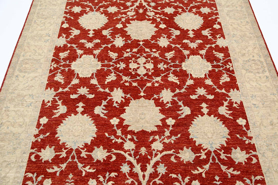 Traditional Hand Knotted Ziegler Farhan Wool Rug of Size 5'7'' X 7'9'' in Red and Ivory Colors - Made in Afghanistan
