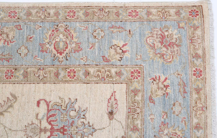 Traditional Hand Knotted Ziegler Farhan Wool Rug of Size 5'7'' X 8'3'' in Ivory and Blue Colors - Made in Afghanistan