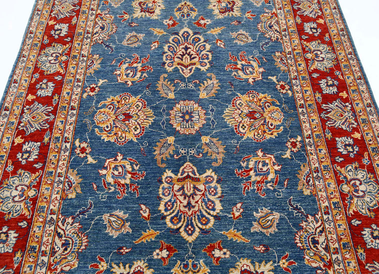 Traditional Hand Knotted Ziegler Farhan Wool Rug of Size 5'4'' X 7'9'' in Blue and Red Colors - Made in Afghanistan