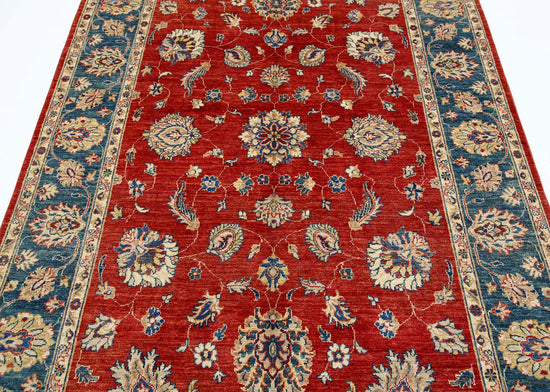 Traditional Hand Knotted Ziegler Farhan Wool Rug of Size 5'5'' X 7'10'' in Red and Teal Colors - Made in Afghanistan