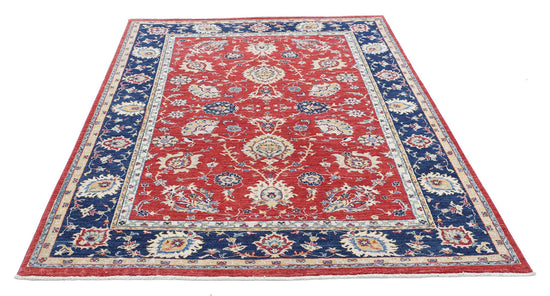 Traditional Hand Knotted Ziegler Farhan Wool Rug of Size 5'5'' X 7'4'' in Red and Blue Colors - Made in Afghanistan