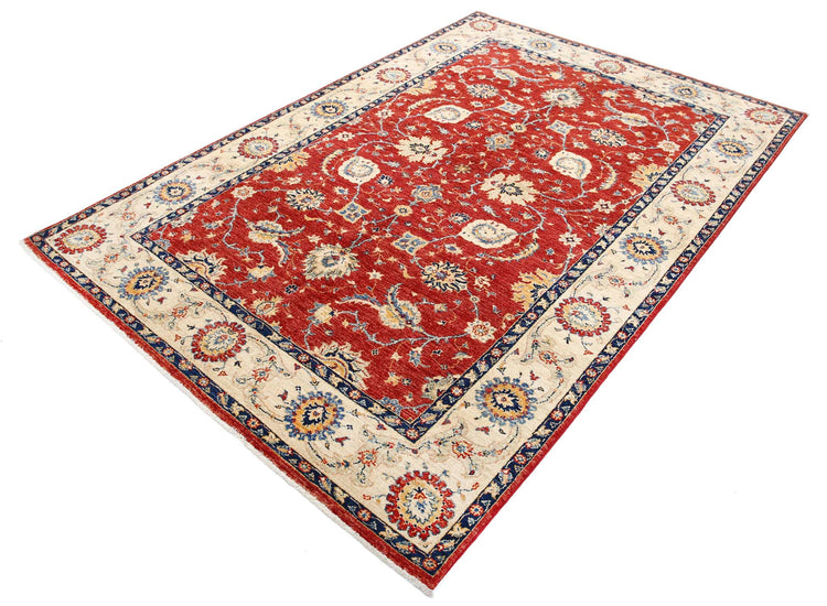 Traditional Hand Knotted Ziegler Farhan Wool Rug of Size 5'6'' X 8'3'' in Red and Ivory Colors - Made in Afghanistan
