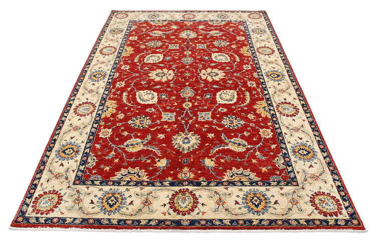 Traditional Hand Knotted Ziegler Farhan Wool Rug of Size 5'6'' X 8'3'' in Red and Ivory Colors - Made in Afghanistan