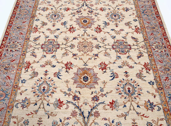 Traditional Hand Knotted Ziegler Farhan Wool Rug of Size 5'7'' X 7'8'' in Ivory and Grey Colors - Made in Afghanistan