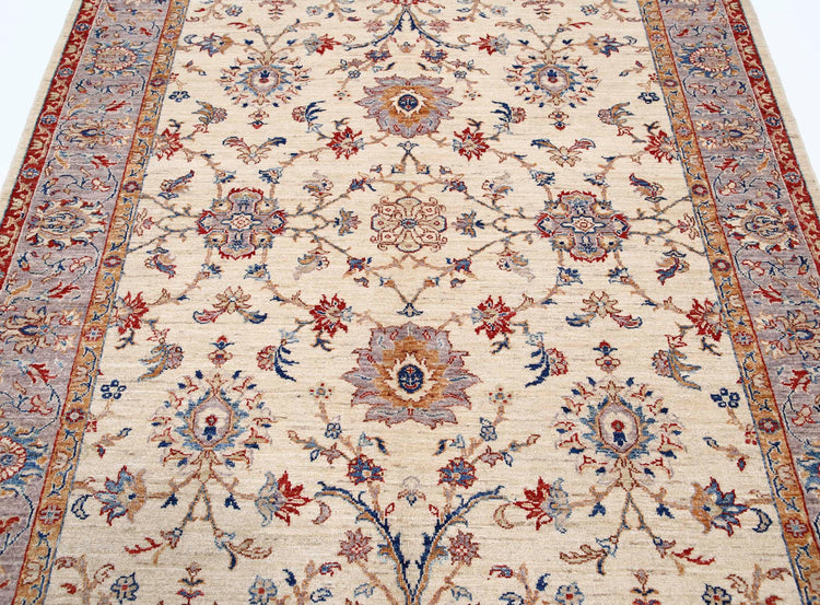 Traditional Hand Knotted Ziegler Farhan Wool Rug of Size 5'7'' X 7'8'' in Ivory and Grey Colors - Made in Afghanistan