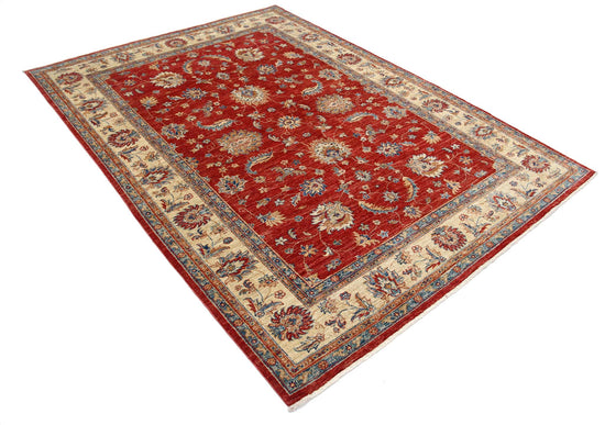 Traditional Hand Knotted Ziegler Farhan Wool Rug of Size 5'9'' X 7'10'' in Red and Ivory Colors - Made in Afghanistan