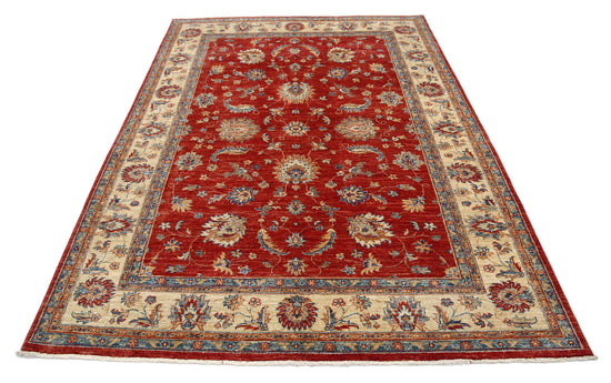 Traditional Hand Knotted Ziegler Farhan Wool Rug of Size 5'9'' X 7'10'' in Red and Ivory Colors - Made in Afghanistan