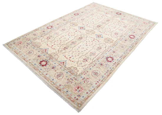 Traditional Hand Knotted Ziegler Farhan Wool Rug of Size 5'6'' X 8'3'' in Ivory and Gold Colors - Made in Afghanistan