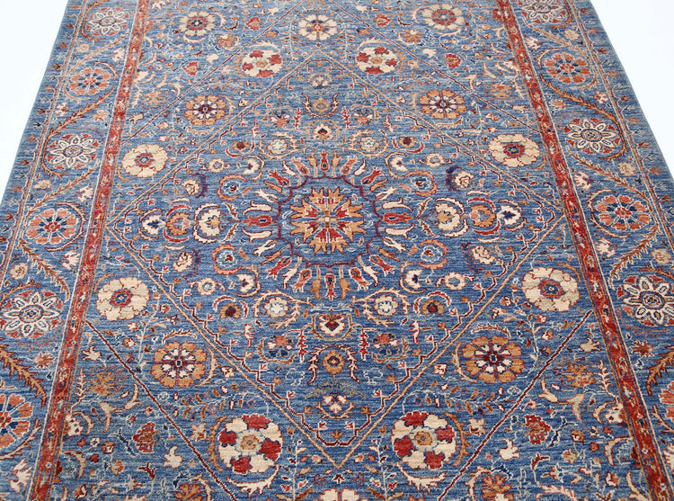 Traditional Hand Knotted Ziegler Farhan Wool Rug of Size 5'8'' X 7'10'' in Blue and Blue Colors - Made in Afghanistan