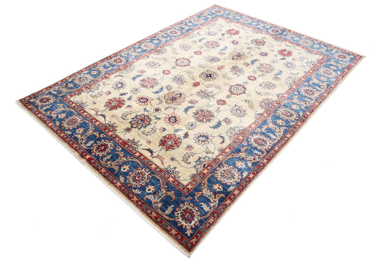 Traditional Hand Knotted Ziegler Farhan Wool Rug of Size 5'8'' X 7'10'' in Ivory and Blue Colors - Made in Afghanistan