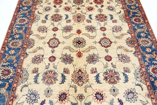 Traditional Hand Knotted Ziegler Farhan Wool Rug of Size 5'8'' X 7'10'' in Ivory and Blue Colors - Made in Afghanistan