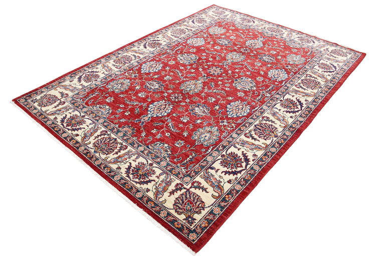 Traditional Hand Knotted Ziegler Farhan Wool Rug of Size 5'7'' X 7'10'' in Red and Ivory Colors - Made in Afghanistan