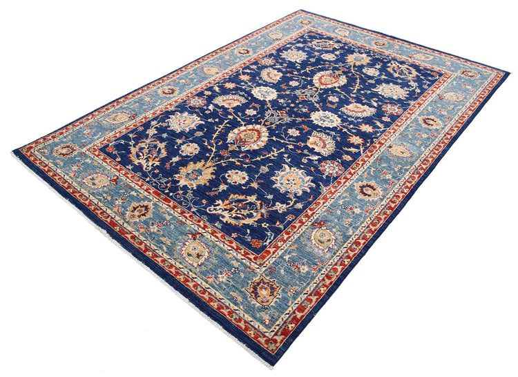 Traditional Hand Knotted Ziegler Farhan Wool Rug of Size 5'7'' X 8'1'' in Blue and Blue Colors - Made in Afghanistan