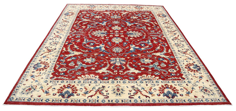 Traditional Hand Knotted Ziegler Farhan Wool Rug of Size 7'10'' X 9'9'' in Red and Ivory Colors - Made in Afghanistan