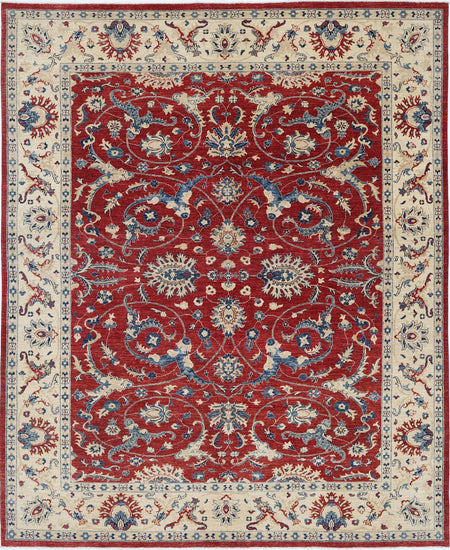 Traditional Hand Knotted Ziegler Farhan Wool Rug of Size 7'10'' X 9'9'' in Red and Ivory Colors - Made in Afghanistan