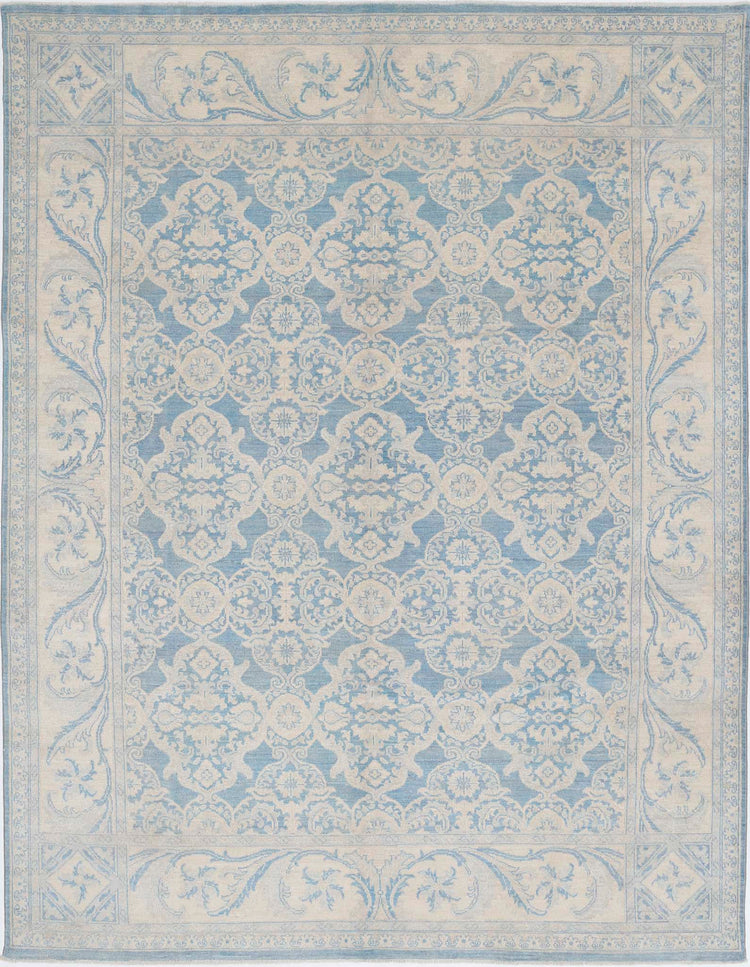 Traditional Hand Knotted Serenity Farhan Wool Rug of Size 7'7'' X 9'10'' in Blue and Ivory Colors - Made in Afghanistan