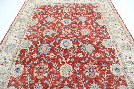 Traditional Hand Knotted Ziegler Farhan Wool Rug of Size 8'1'' X 9'9'' in Red and Ivory Colors - Made in Afghanistan