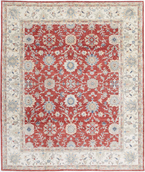 Traditional Hand Knotted Ziegler Farhan Wool Rug of Size 8'1'' X 9'9'' in Red and Ivory Colors - Made in Afghanistan
