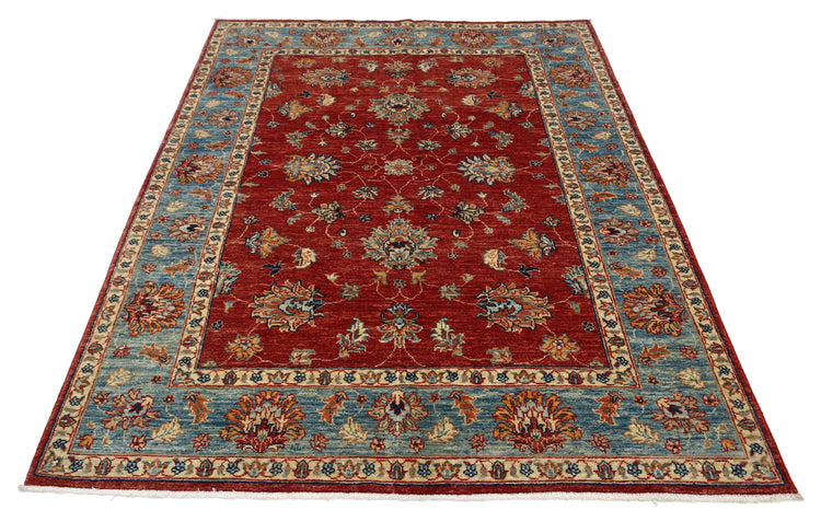 Traditional Hand Knotted Ziegler Farhan Wool Rug of Size 4'11'' X 6'5'' in Red and Blue Colors - Made in Afghanistan
