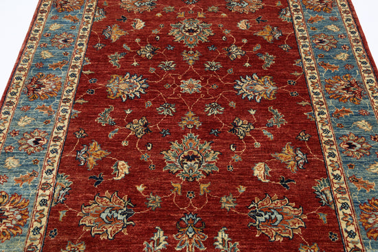 Traditional Hand Knotted Ziegler Farhan Wool Rug of Size 4'11'' X 6'5'' in Red and Blue Colors - Made in Afghanistan