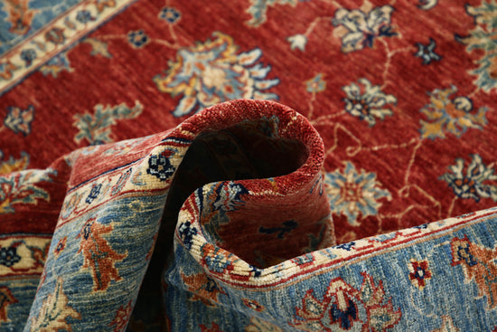 Traditional Hand Knotted Ziegler Farhan Wool Rug of Size 4'11'' X 6'5'' in Red and Blue Colors - Made in Afghanistan