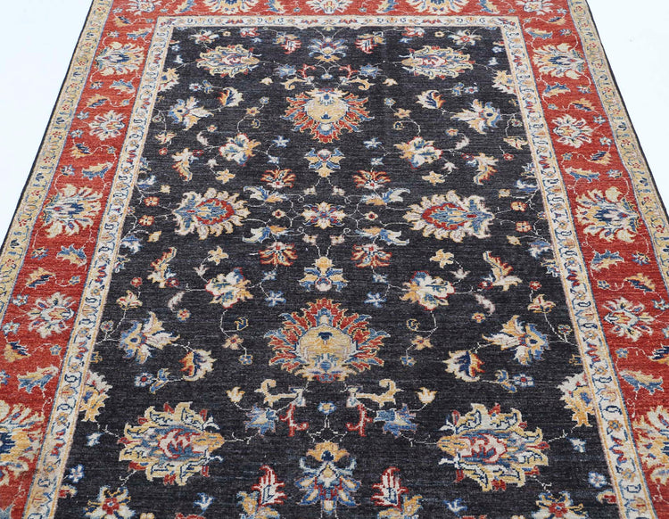 Traditional Hand Knotted Ziegler Farhan Wool Rug of Size 4'9'' X 6'11'' in Black and Red Colors - Made in Afghanistan