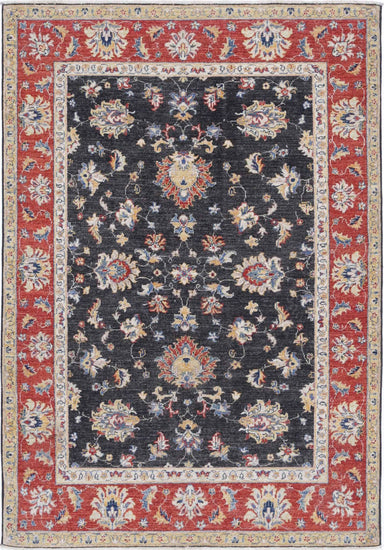 Traditional Hand Knotted Ziegler Farhan Wool Rug of Size 4'9'' X 6'11'' in Black and Red Colors - Made in Afghanistan